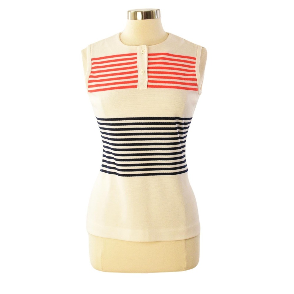 1970s Vintage White Tank Top with Red & Blue Stripes Scoop Neck Button Front M